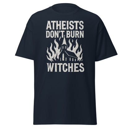 Black t-shirt with white text and graphic design on a white background