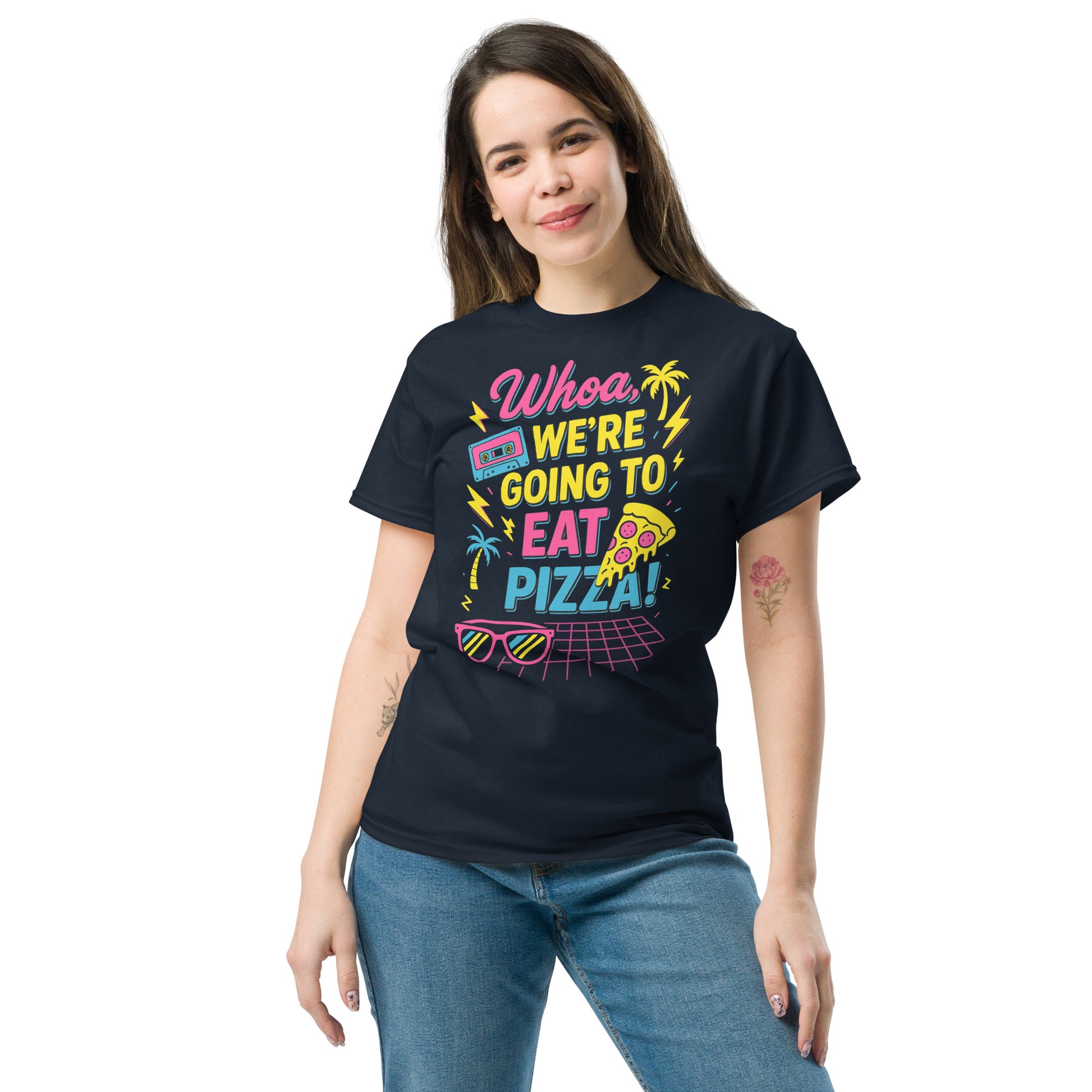 Woman wearing a black t-shirt with colorful text and graphics on a white background