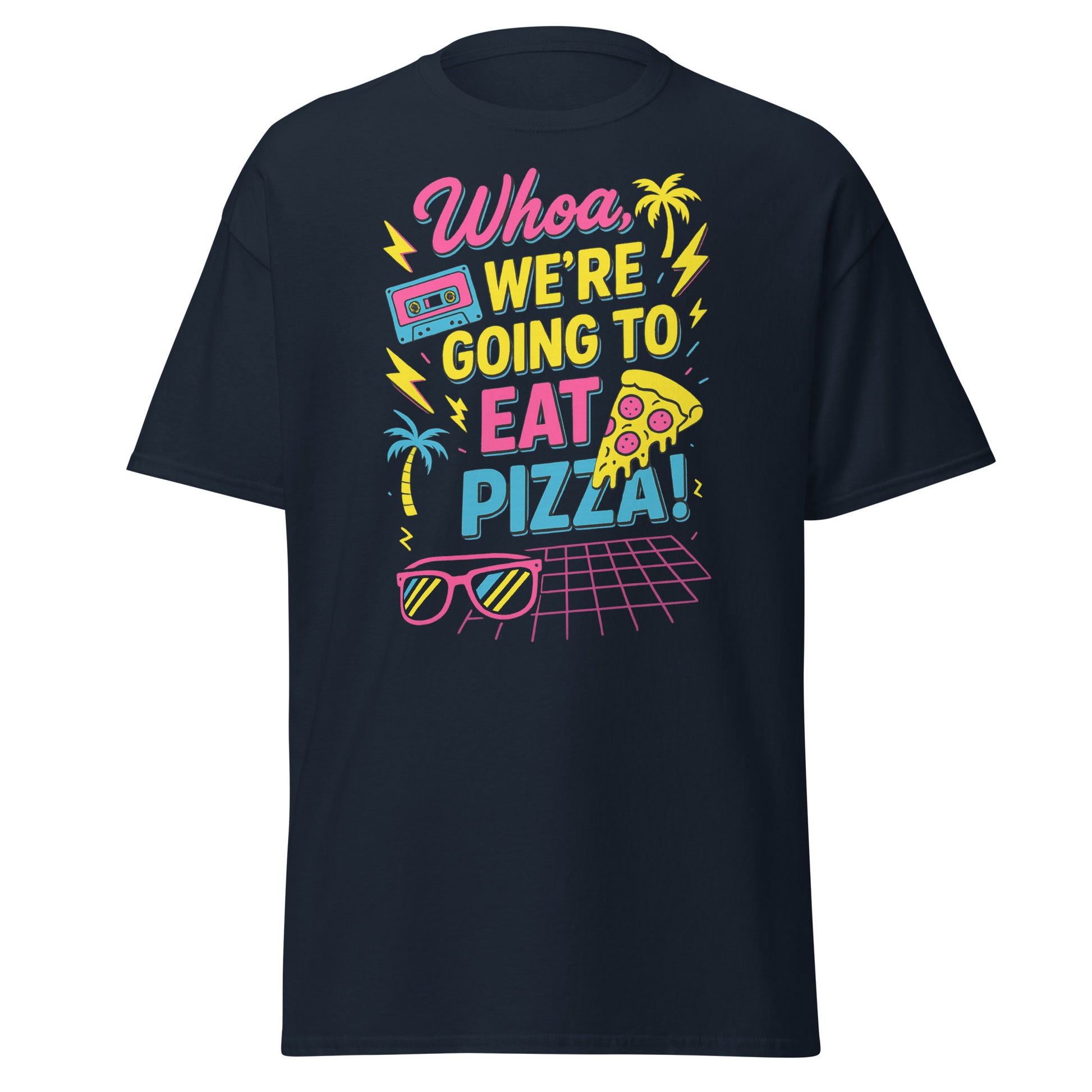 Black t-shirt with colorful text and graphics on a white background