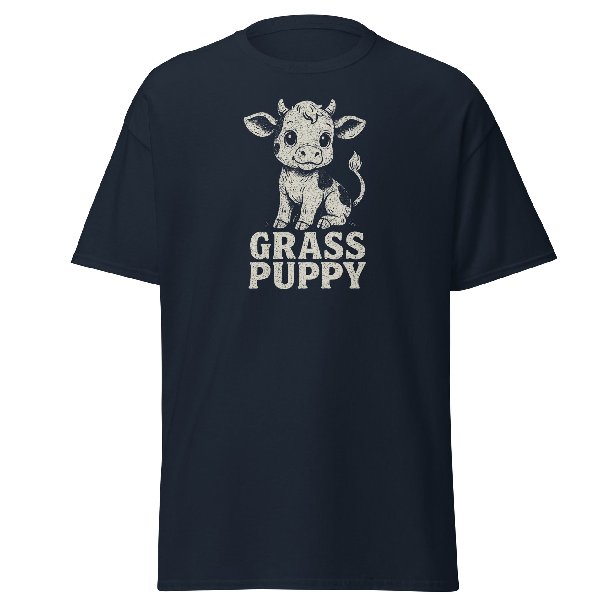 Navy blue t-shirt with a cow graphic and 'Grass Puppy' text on a white background