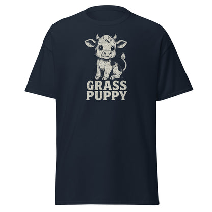 Navy blue t-shirt with a cow graphic and 'Grass Puppy' text on a white background