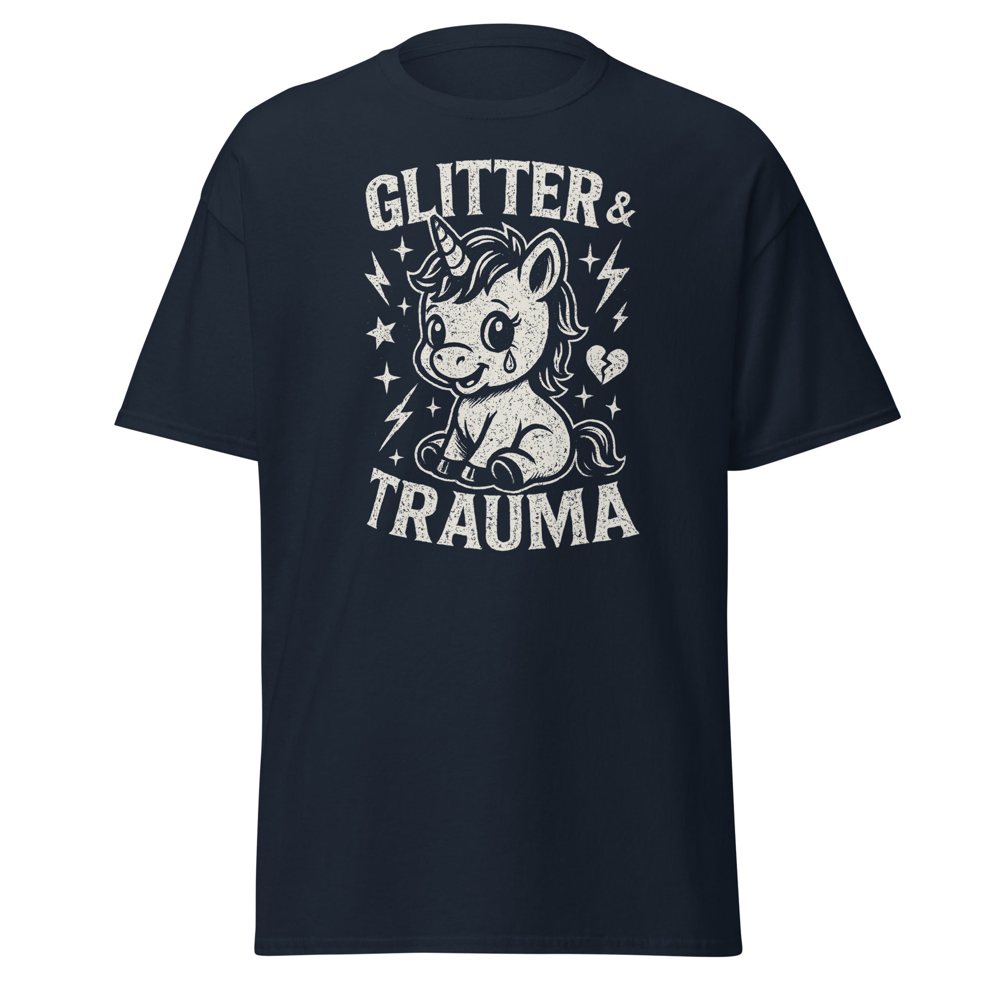Black t-shirt with unicorn graphic and 'Glitter & Trauma' text on a white background