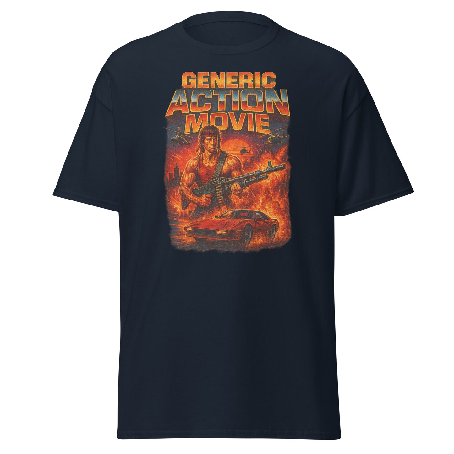 navy blue t-shirt with 'Generic Action Movie' graphic design featuring a character with a gun and car.