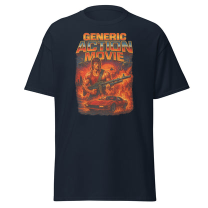 navy blue t-shirt with 'Generic Action Movie' graphic design featuring a character with a gun and car.