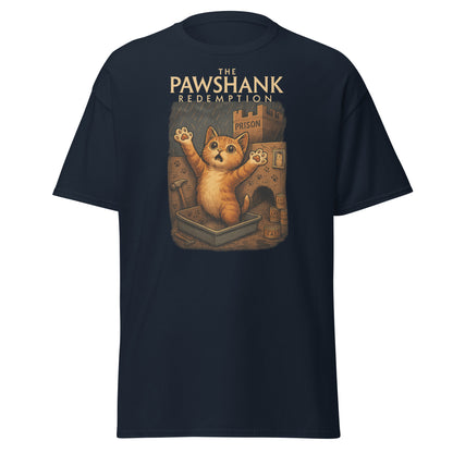 navy blue shirt with cat in front of a prison and text "the pawshank redemption" on white background