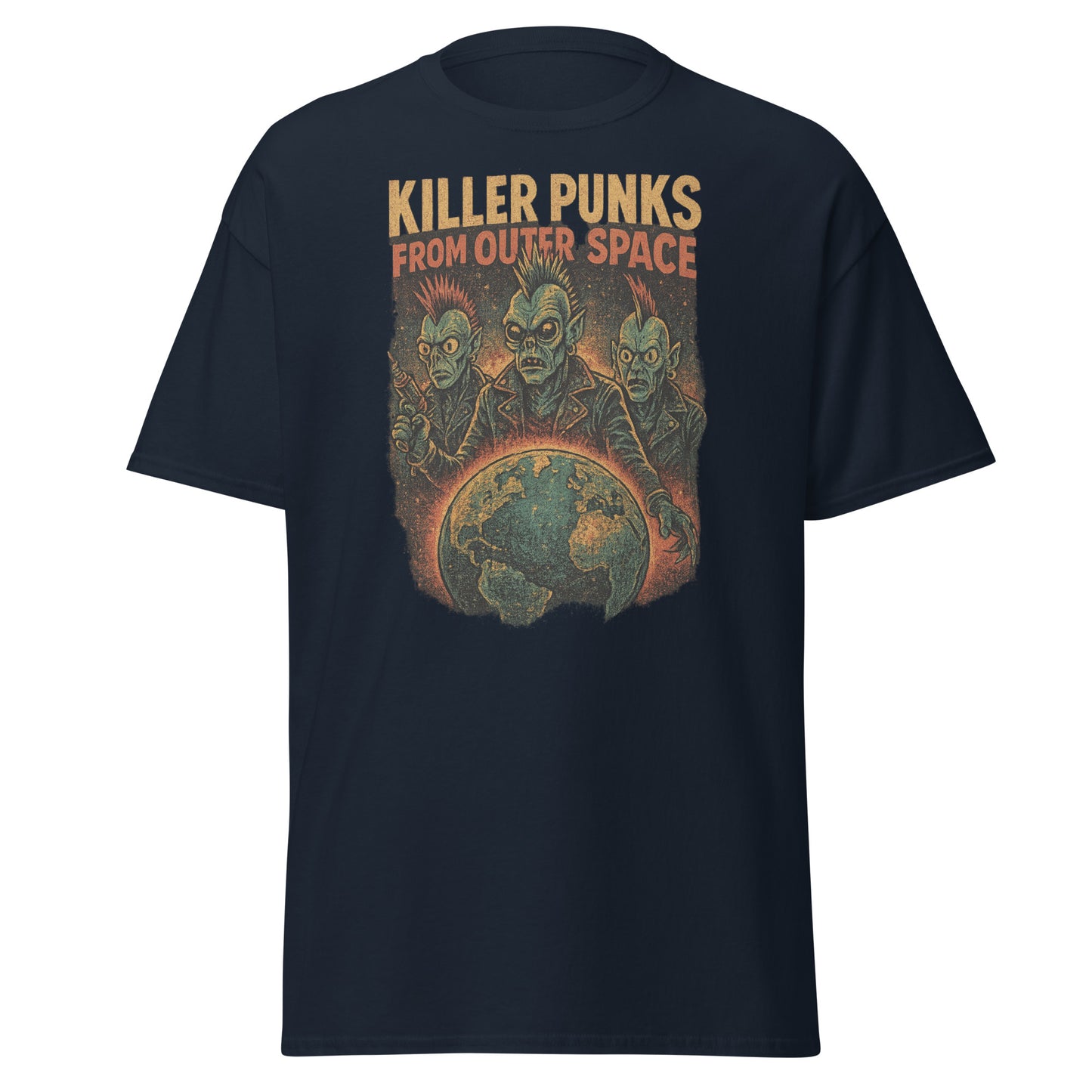 navy blue t-shirt with 'Killer Punks from Outer Space' graphic design on a white background