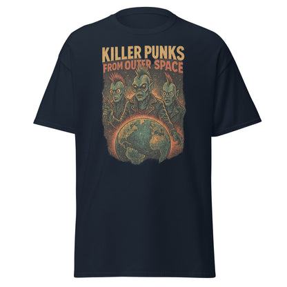 navy blue t-shirt with 'Killer Punks from Outer Space' graphic design on a white background