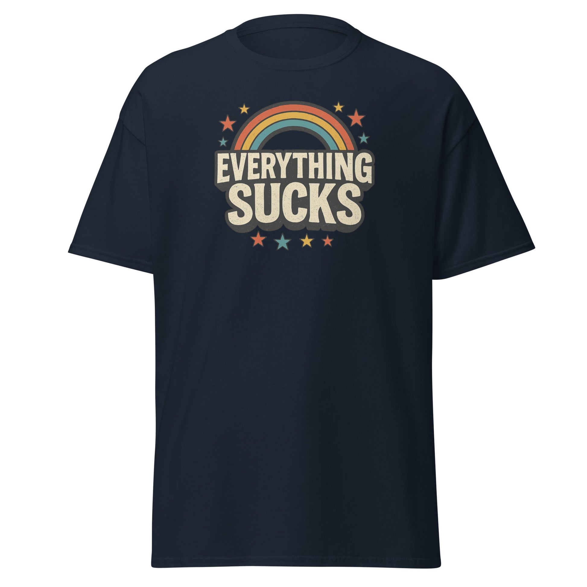 Black t-shirt with 'Everything Sucks' graphic design on a white background
