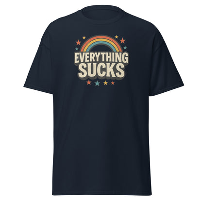 Black t-shirt with 'Everything Sucks' graphic design on a white background