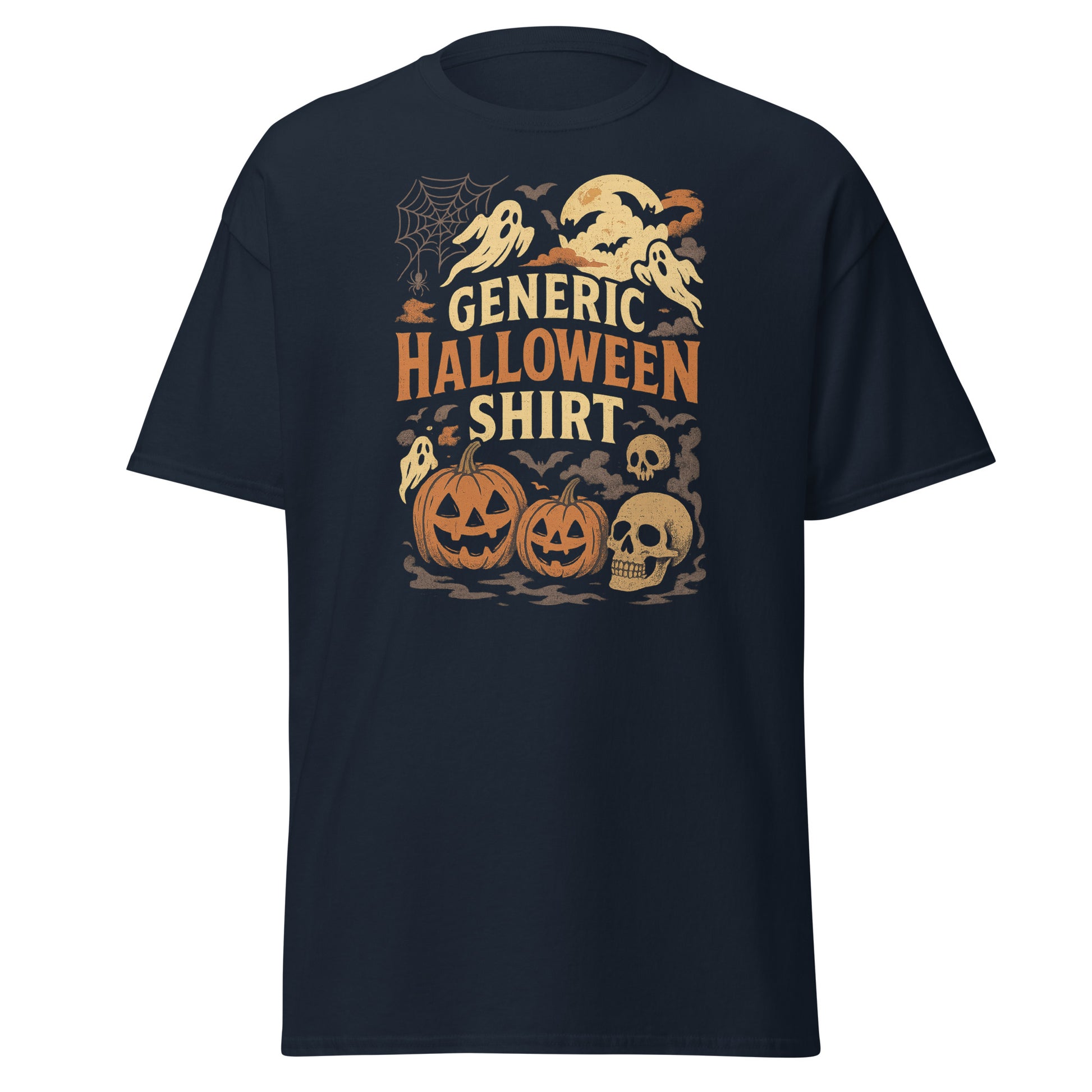 Black t-shirt with Halloween-themed graphics and text on a white background