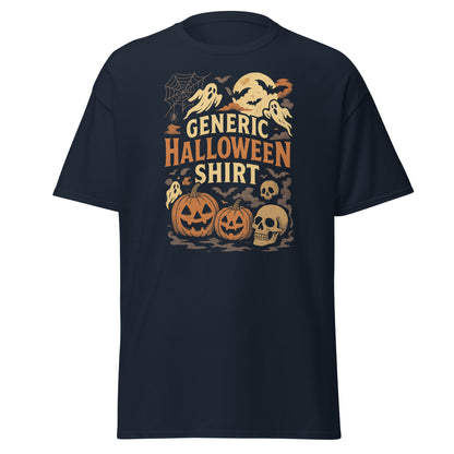 Black t-shirt with Halloween-themed graphics and text on a white background