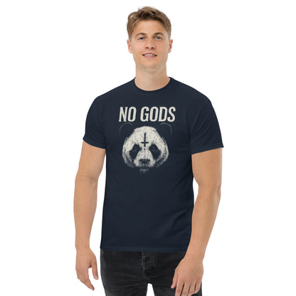 Person wearing a navy blue t-shirt with 'No Gods' and panda graphic on a white background