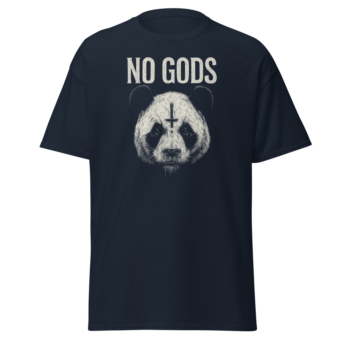 Black t-shirt with a panda graphic and 'NO GODS' text on a white background