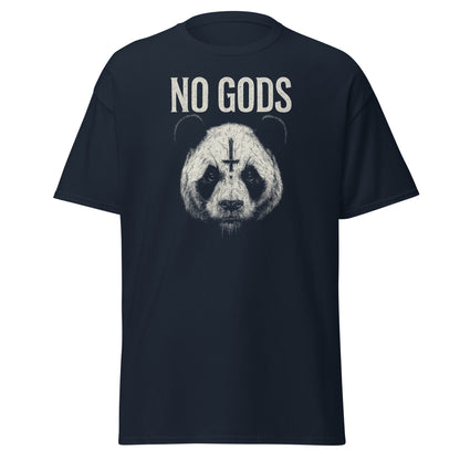 Black t-shirt with a panda graphic and 'NO GODS' text on a white background