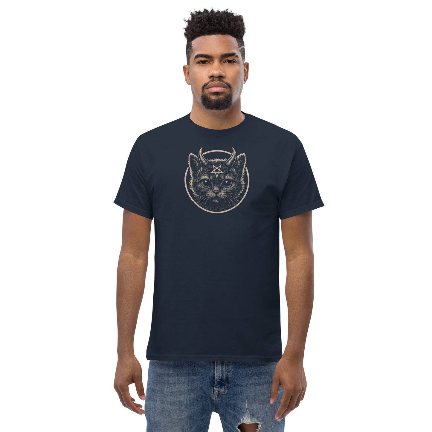 Man wearing a black t-shirt with a wolf graphic design on a white background