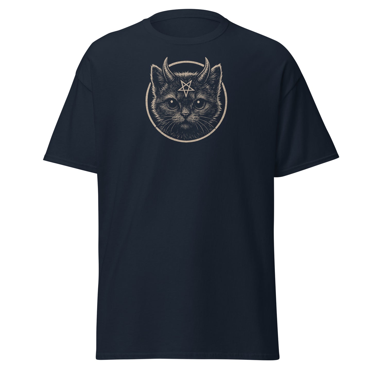 Black t-shirt with a cat graphic and star design on a white background