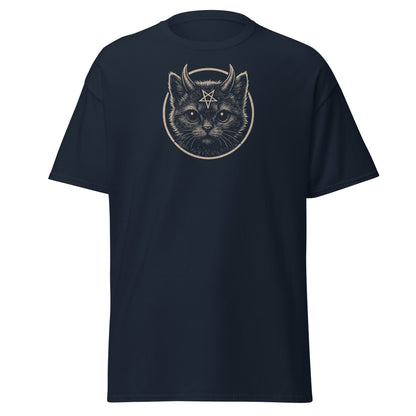 Black t-shirt with a cat graphic and star design on a white background