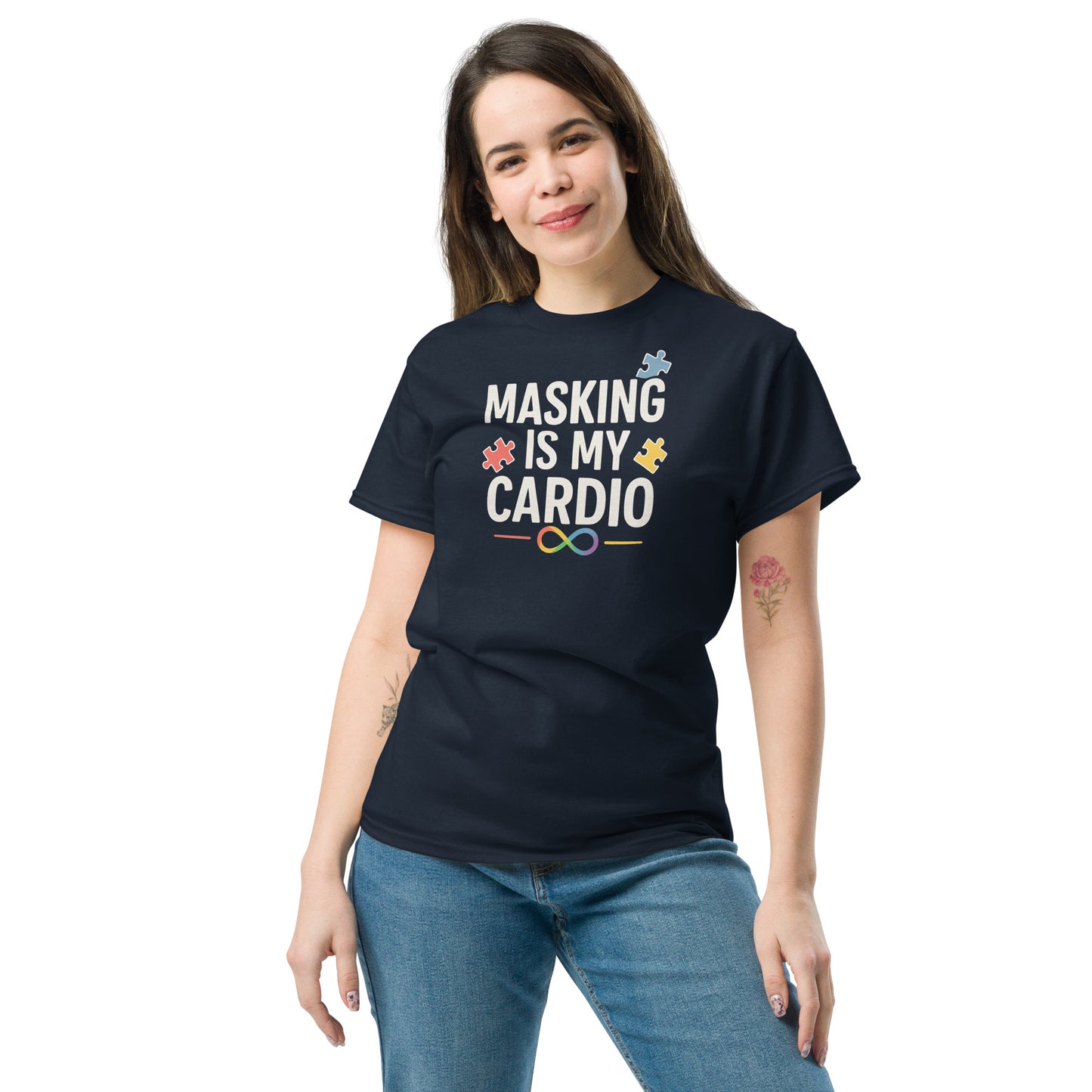 Woman wearing a navy blue t-shirt with 'Masking is my Cardio' text and puzzle pieces design.