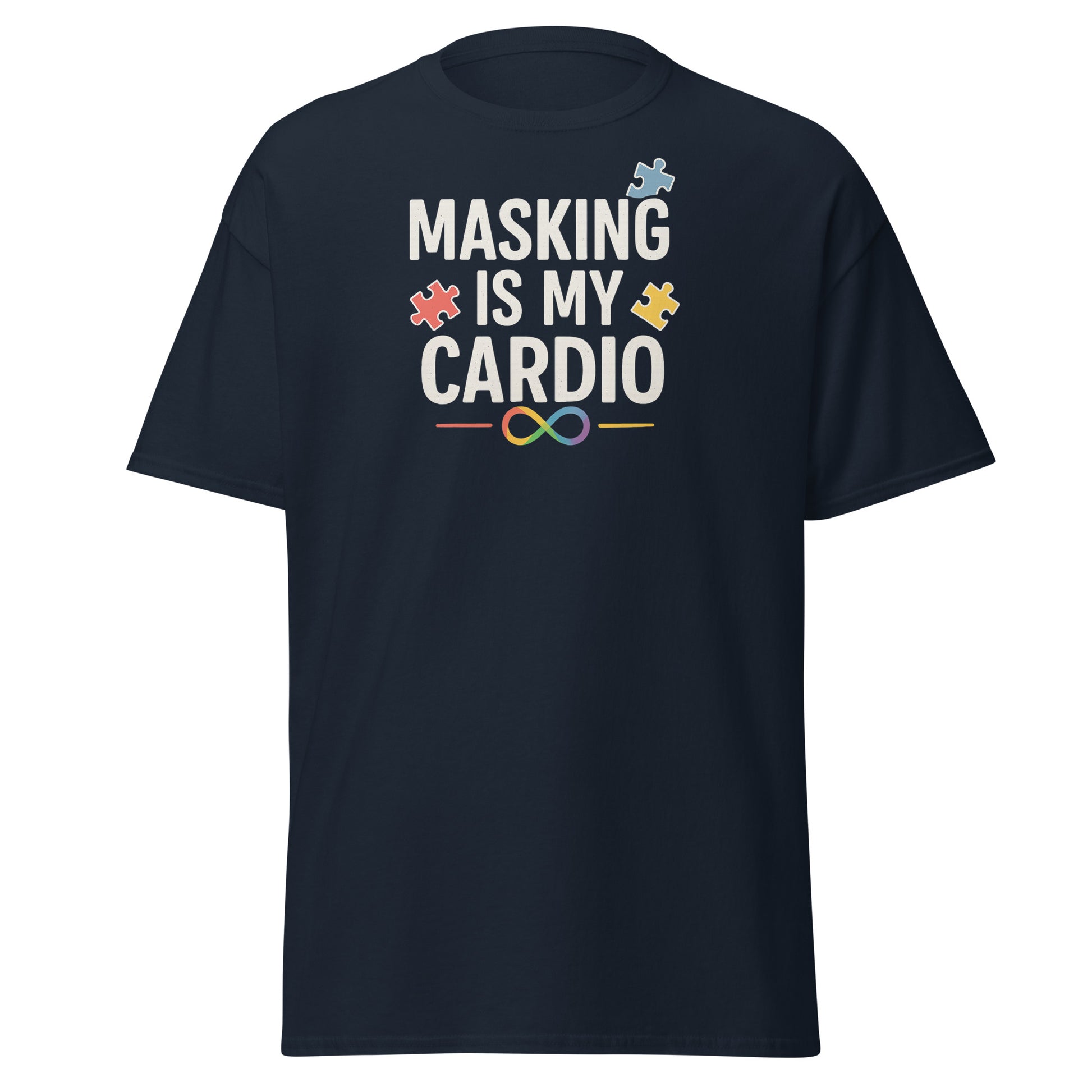 Black t-shirt with 'Masking is my Cardio' text and puzzle piece graphics on a white background