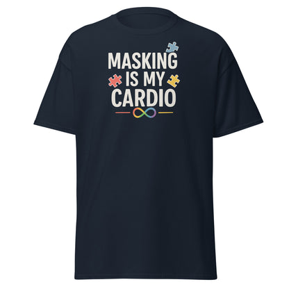Black t-shirt with 'Masking is my Cardio' text and puzzle piece graphics on a white background