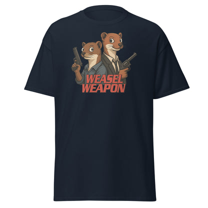 Navy blue t-shirt with cartoon weasels holding guns and 'Weasel Weapon' text on a white background