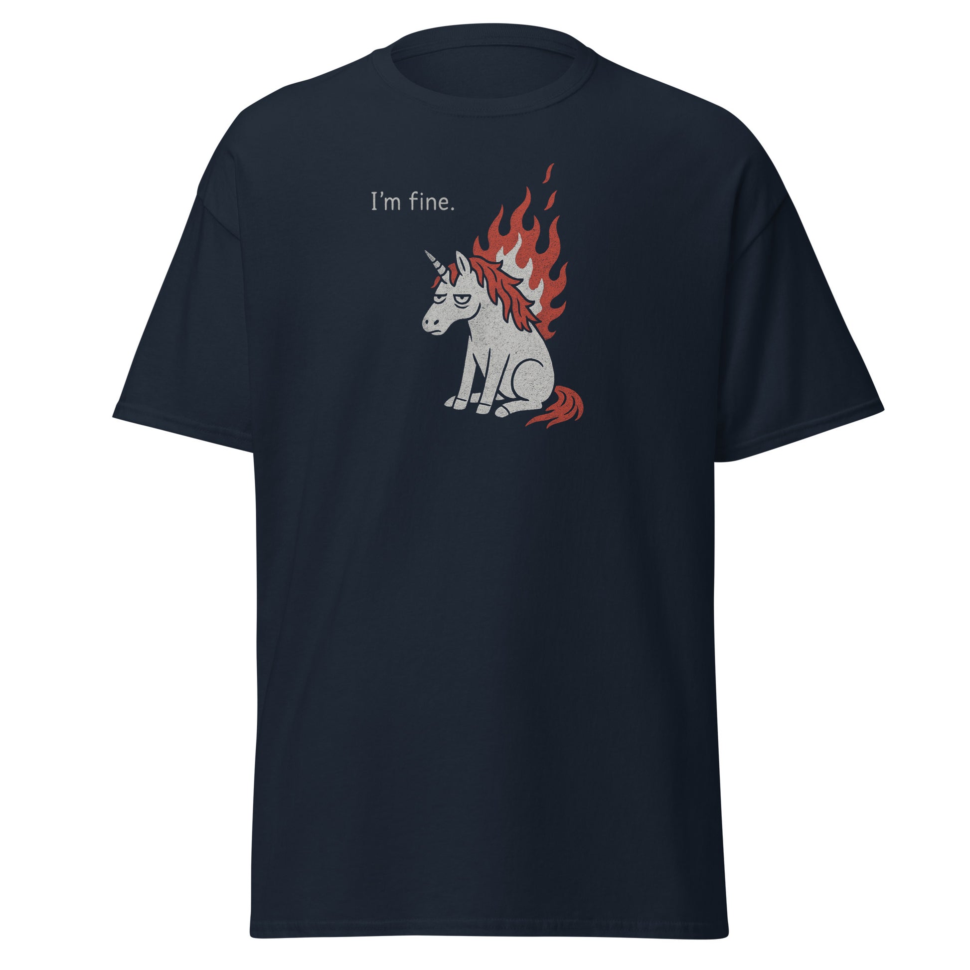 Black t-shirt with a graphic of a unicorn on fire and 'I'm fine.' text, on a white background.