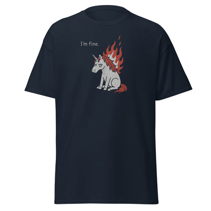 Black t-shirt with a graphic of a unicorn on fire and 'I'm fine.' text, on a white background.