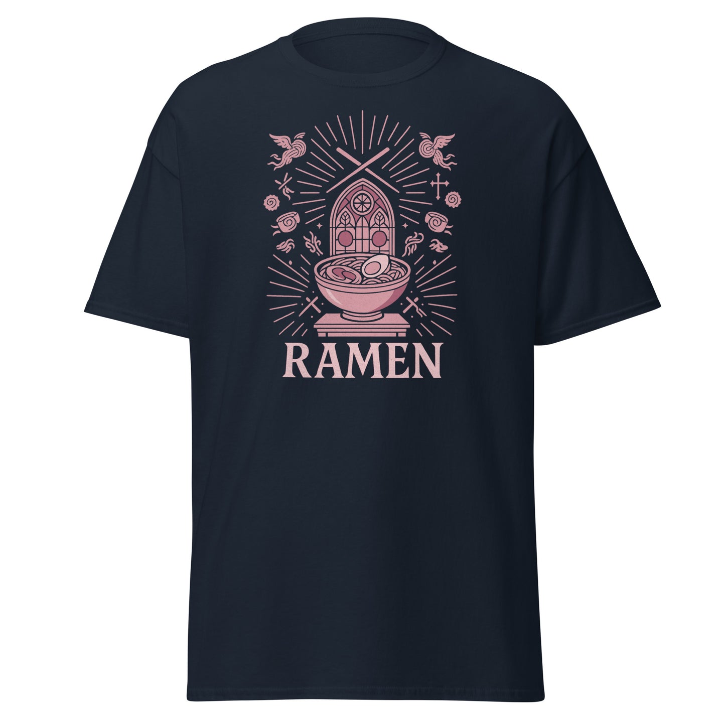 Black t-shirt with pink ramen graphic and 'RAMEN' text on a white background