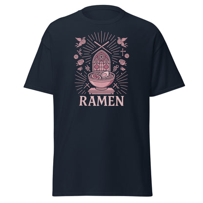 Black t-shirt with pink ramen graphic and 'RAMEN' text on a white background