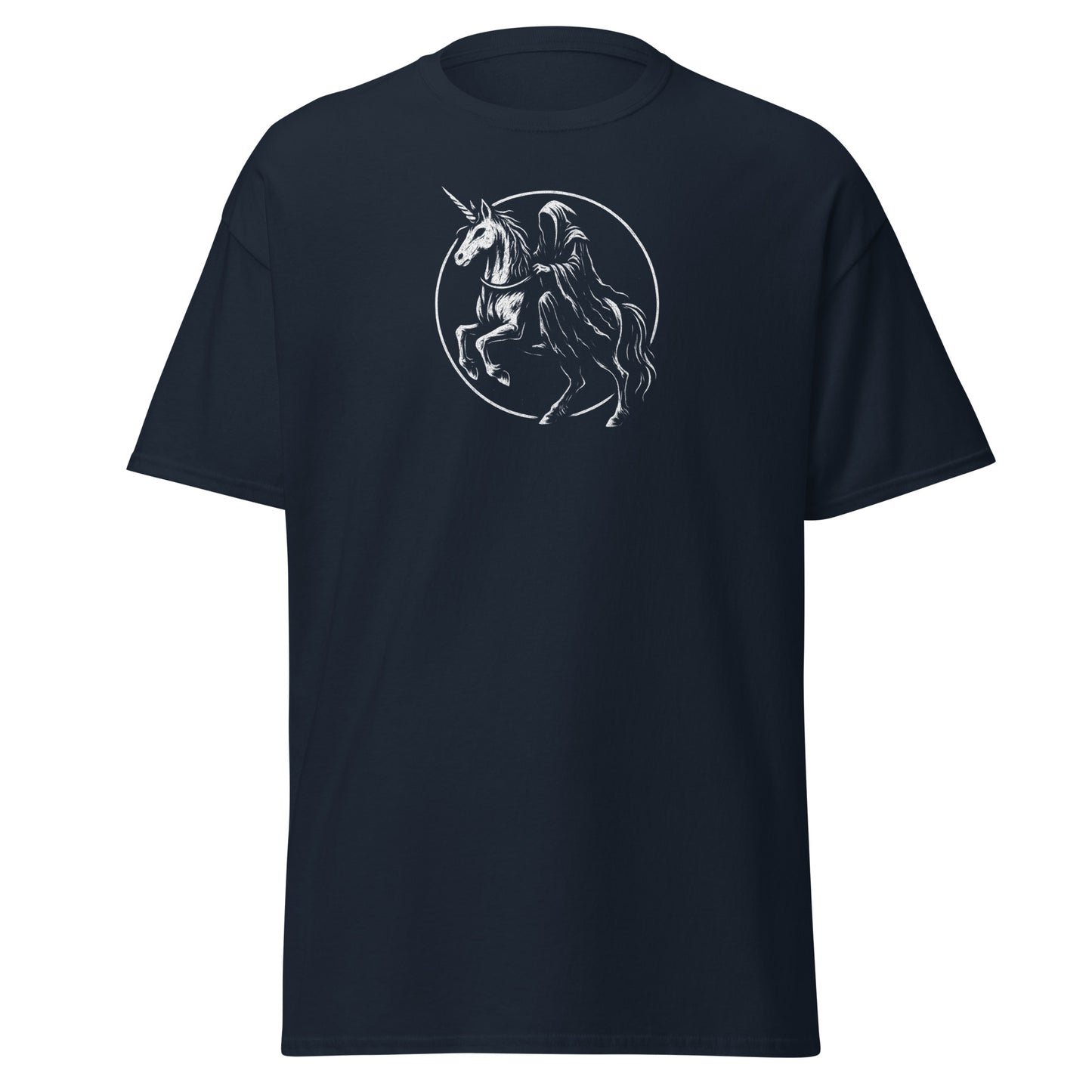 Black t-shirt with a graphic of a unicorn and a horse on a white background