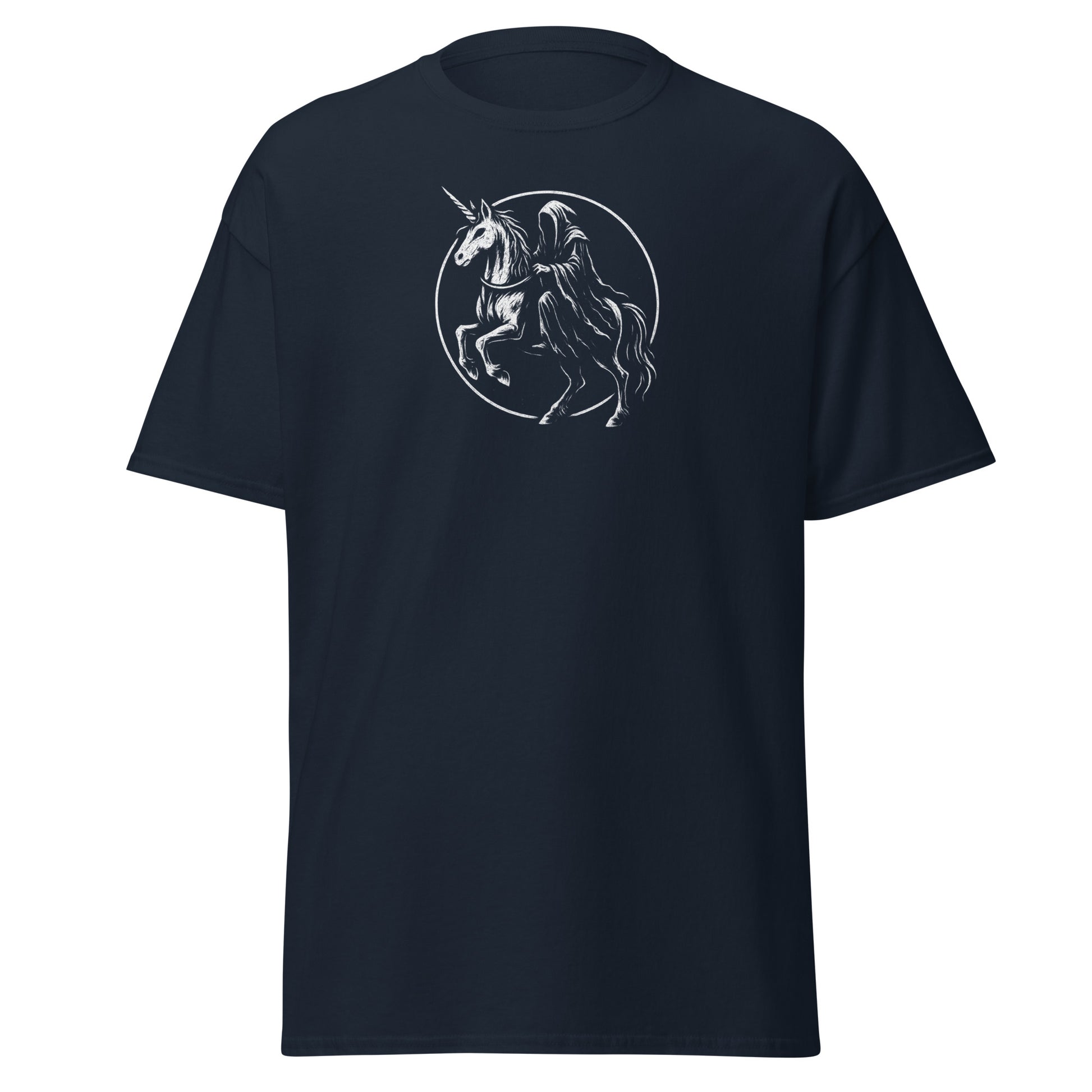 Black t-shirt with a graphic of a unicorn and a horse on a white background