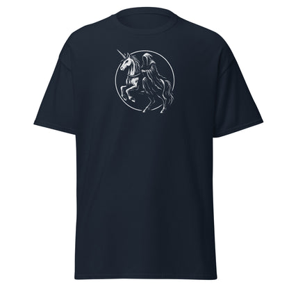 Black t-shirt with a graphic of a unicorn and a horse on a white background
