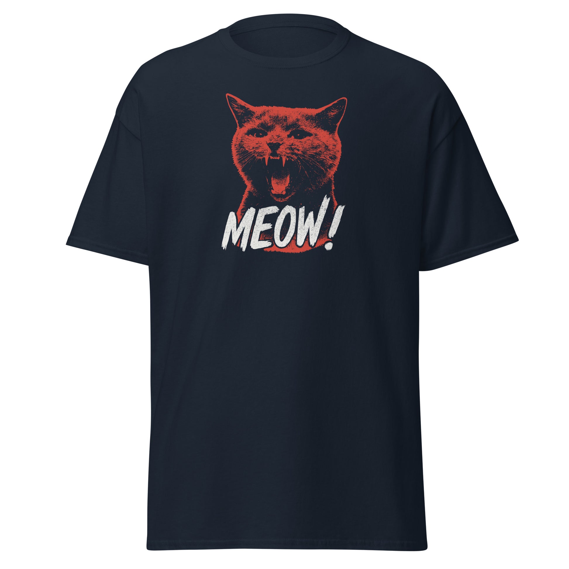 Black t-shirt with a red cat graphic and 'MEOW!' text on a white background