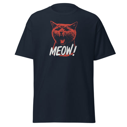 Black t-shirt with a red cat graphic and 'MEOW!' text on a white background