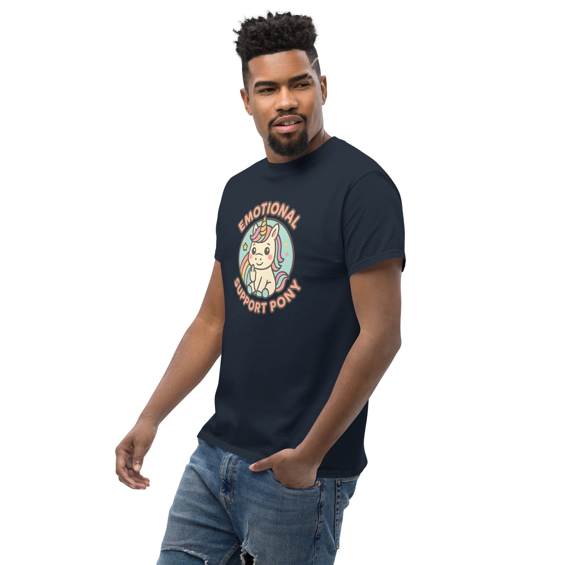 Man wearing a navy blue t-shirt with a colorful graphic and text on a white background