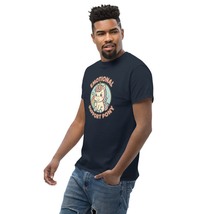 Man wearing a navy blue t-shirt with a colorful graphic and text on a white background