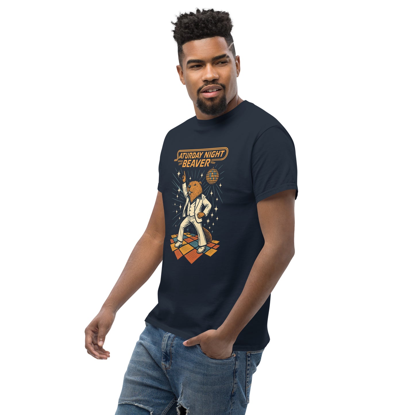 Man wearing a navy blue t-shirt with a graphic design on a white background