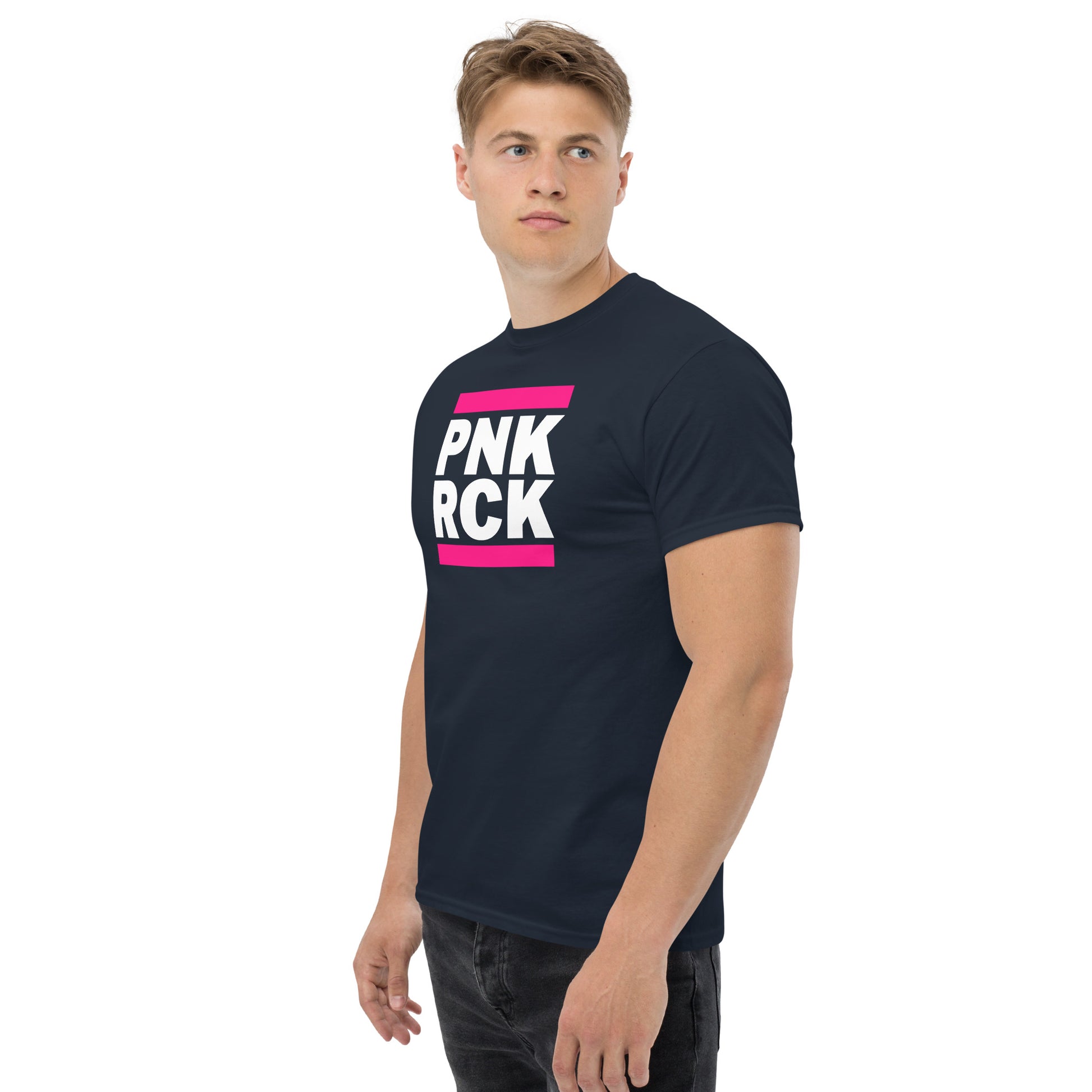 Man wearing a black t-shirt with 'PNK ROCK' text on a white background