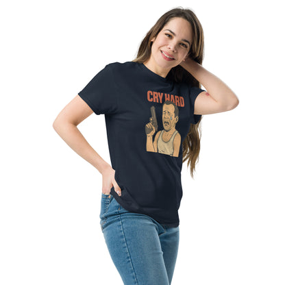 Person wearing a navy blue t-shirt with a graphic design and text on a white background