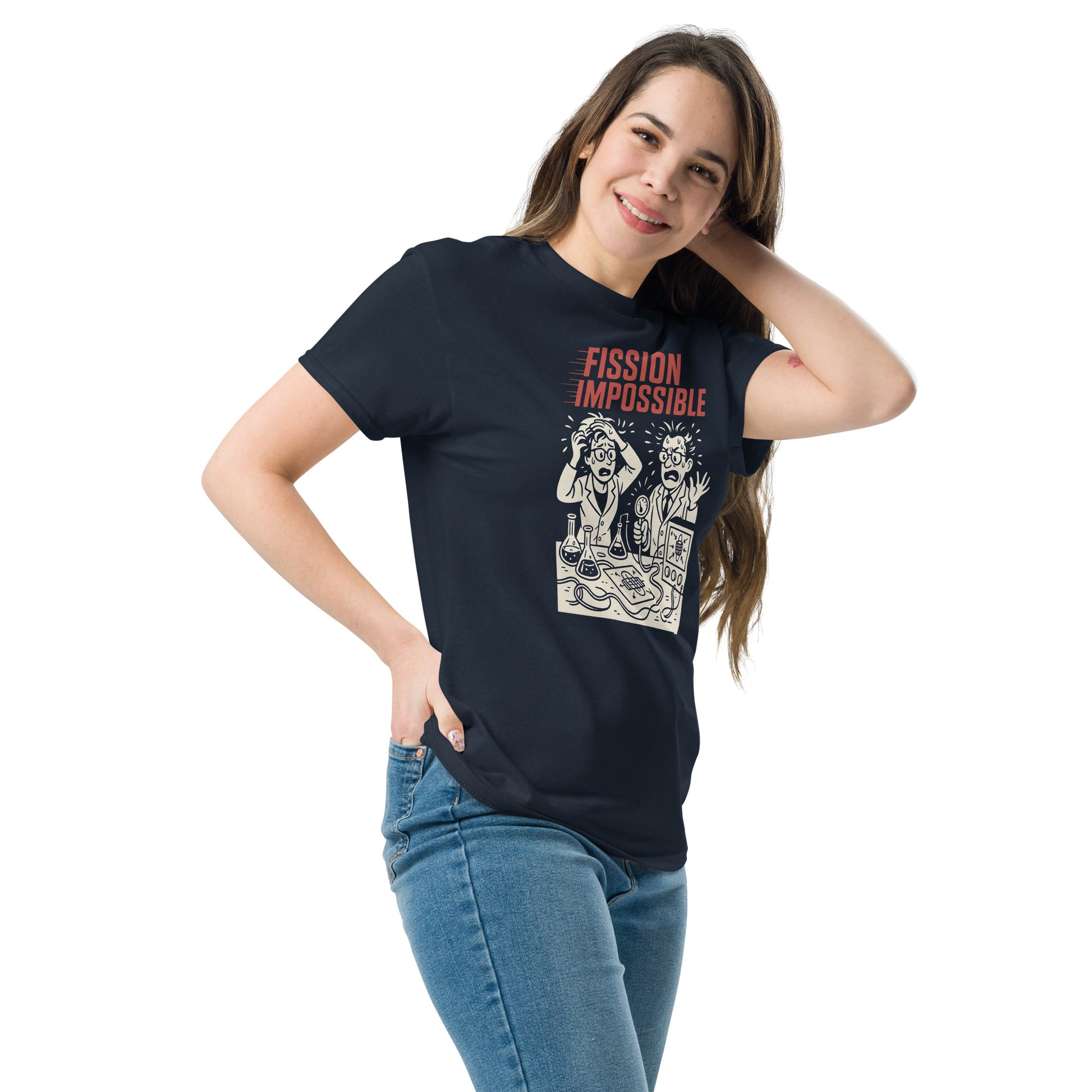 Woman wearing a navy blue t-shirt with graphic design and text on a white background