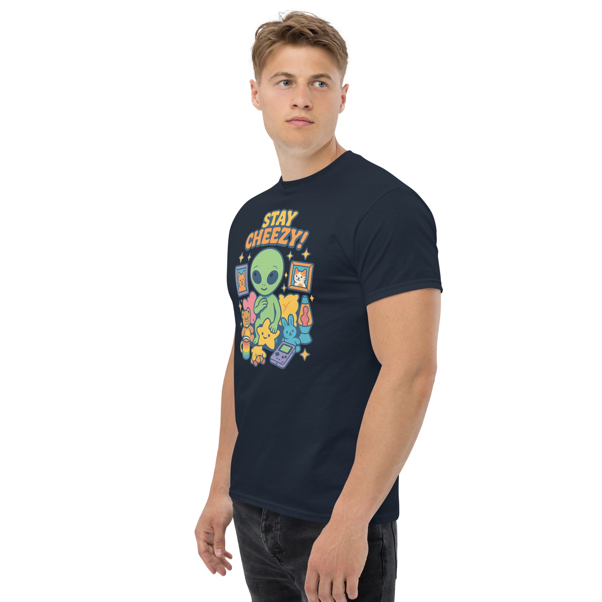 Man wearing a navy blue t-shirt with colorful graphic design and text on a white background