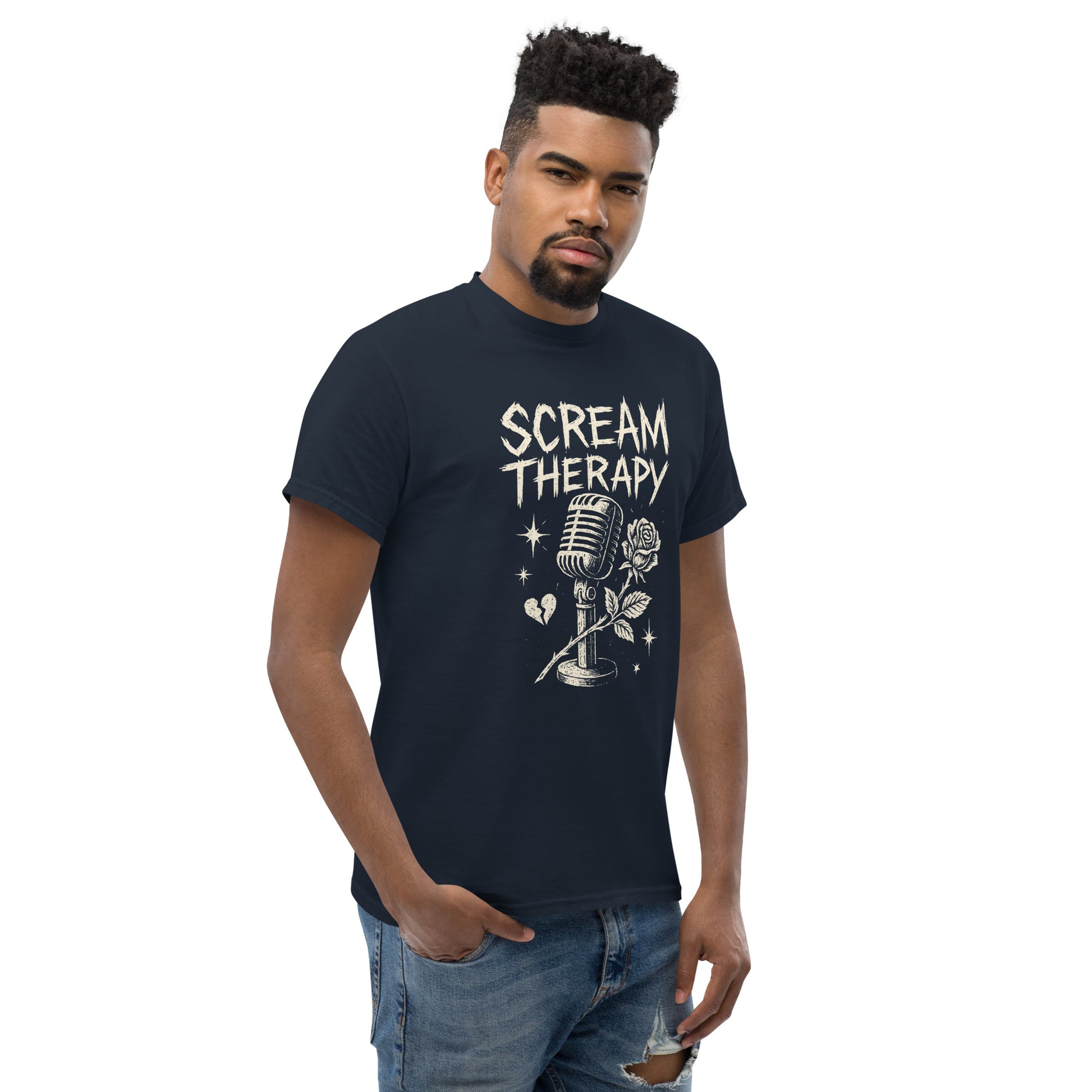 Man wearing a black t-shirt with 'Scream Therapy' design on a white background