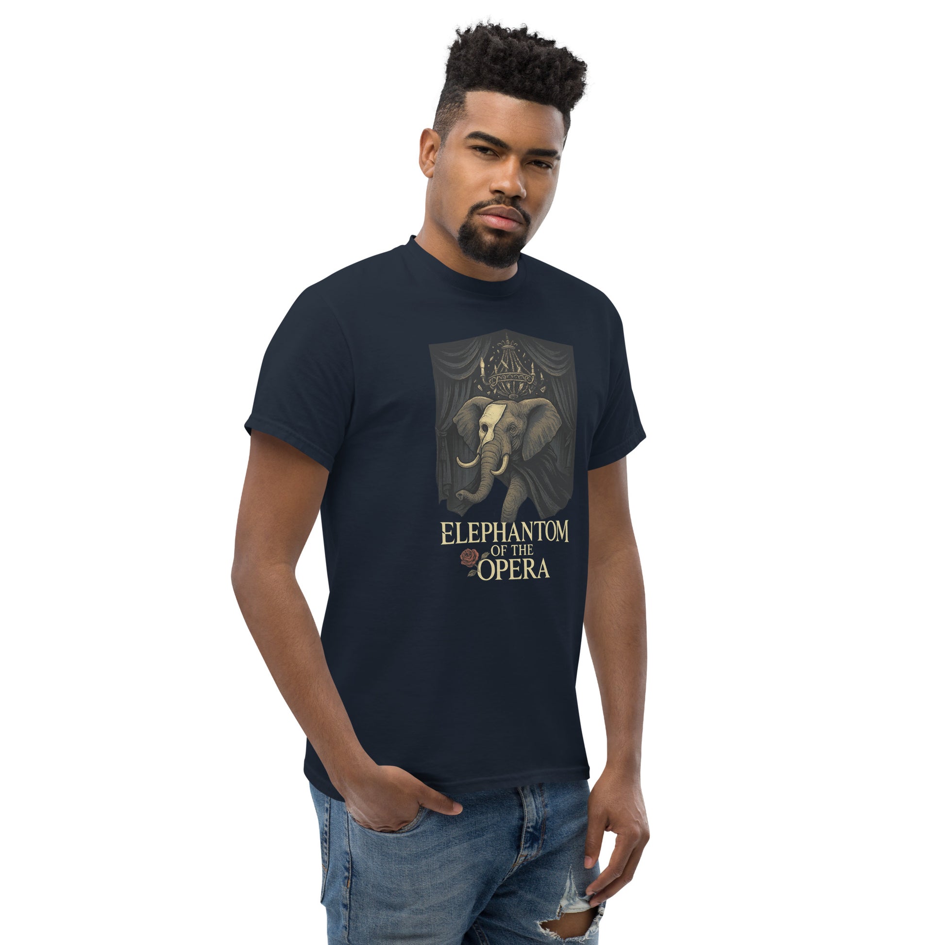 Man wearing a black t-shirt with an elephant design and text on a white background