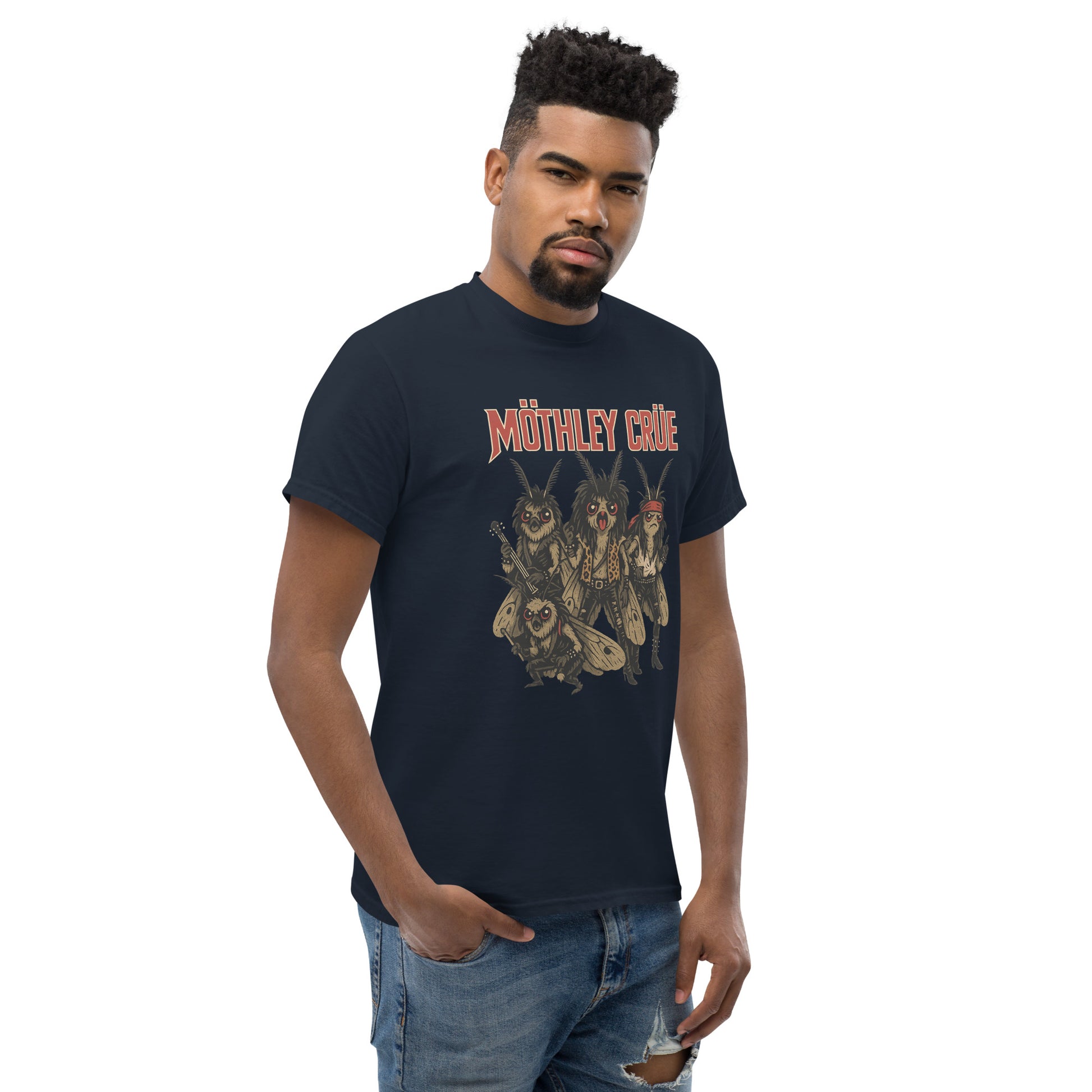 man wearing navy blue Unisex Mothley Crüe t-shirt with chaotic rock parody design, front view