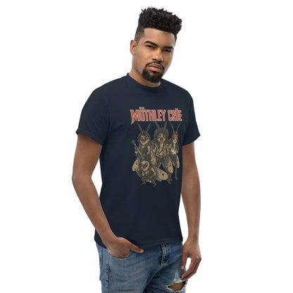 man wearing navy blue Unisex Mothley Crüe t-shirt with chaotic rock parody design, front view