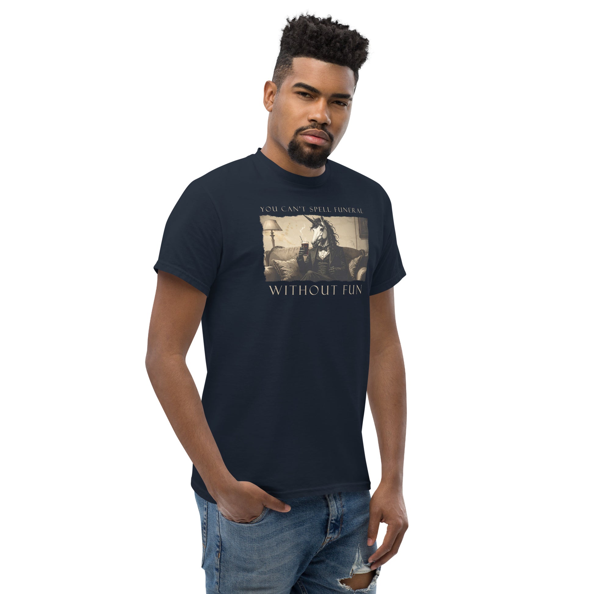 Man wearing a black t-shirt with graphic design and text on a white background