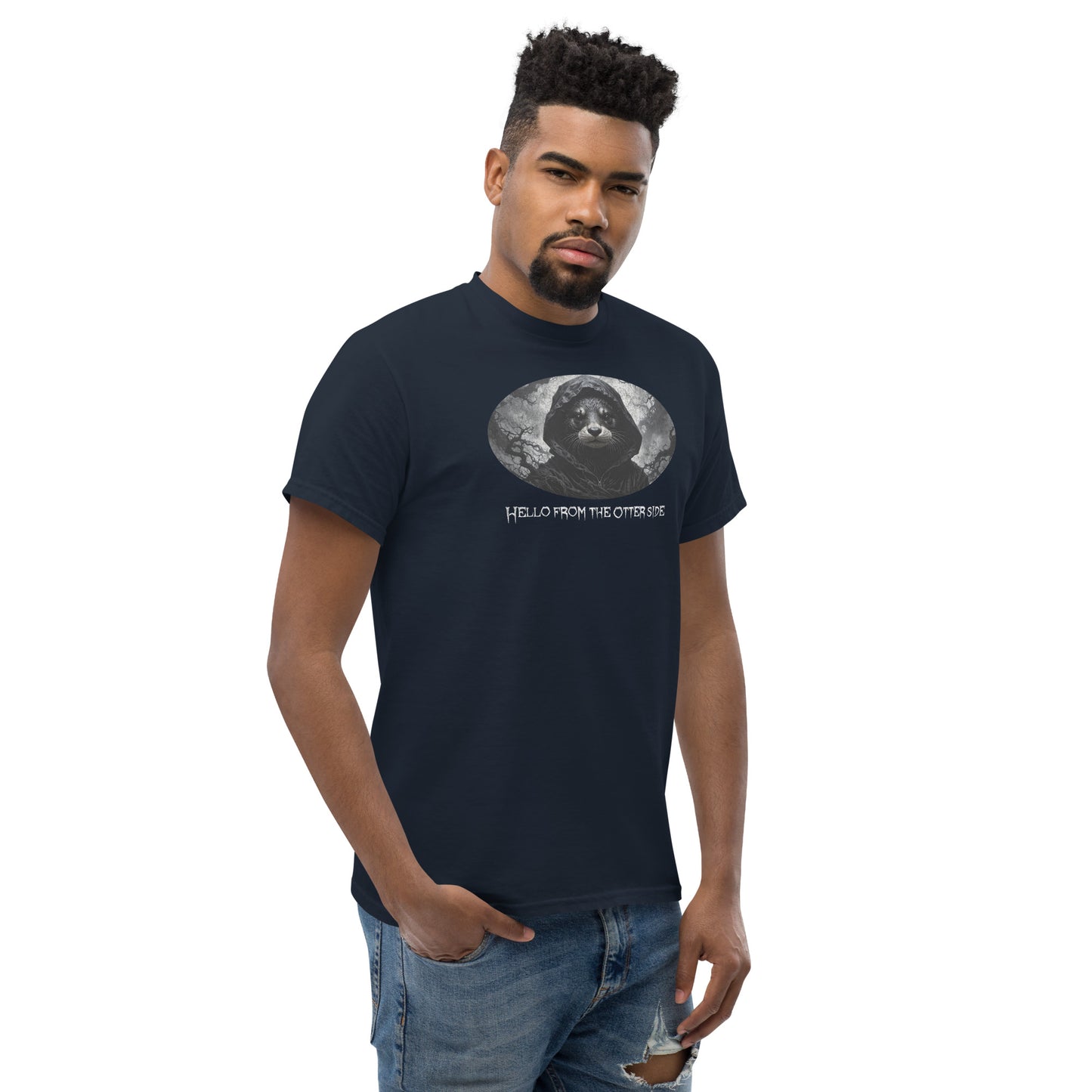 Man wearing a black t-shirt with a graphic design and text on a white background