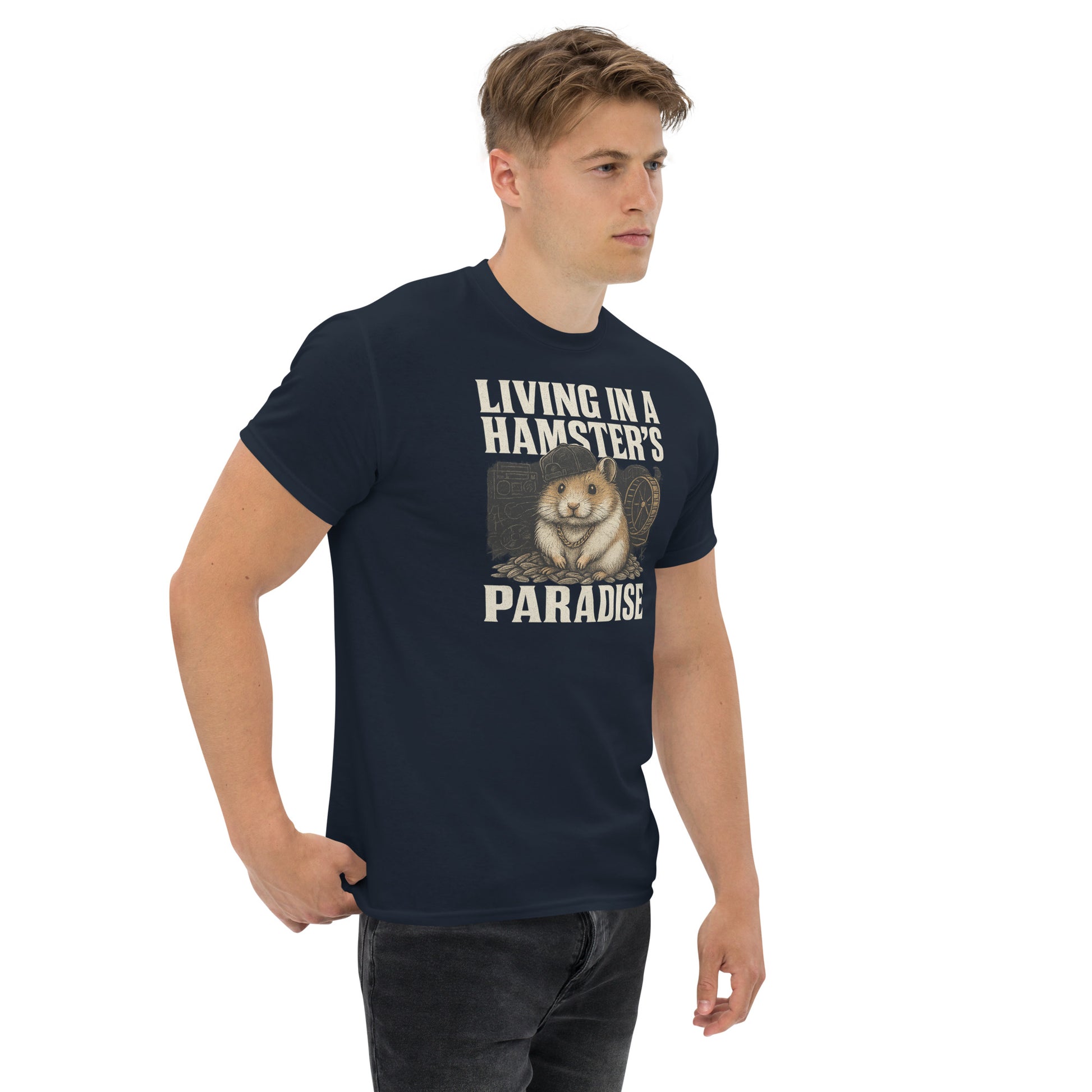 Man wearing a navy blue t-shirt with a graphic and text on a white background