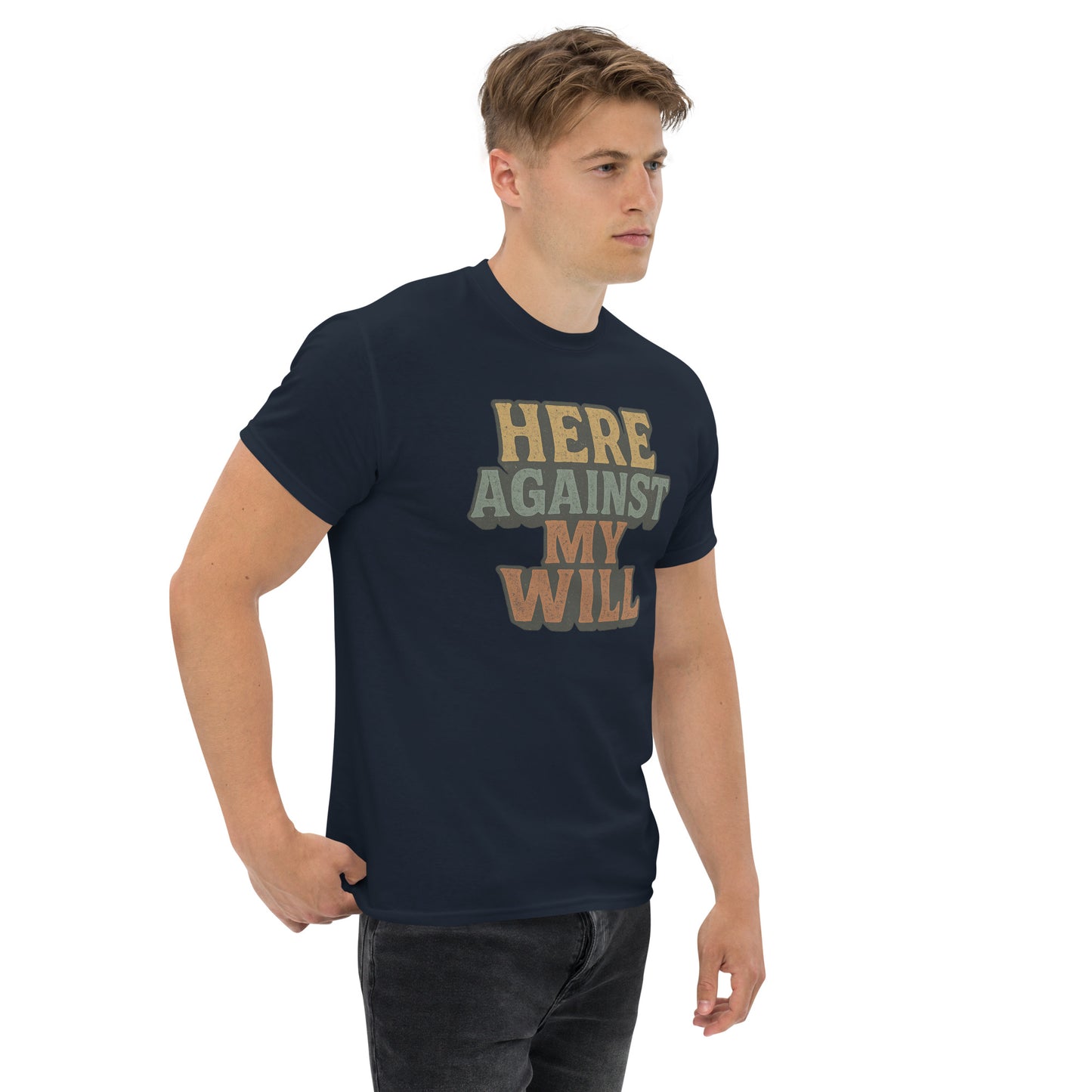 Man wearing a black t-shirt with text on a white background