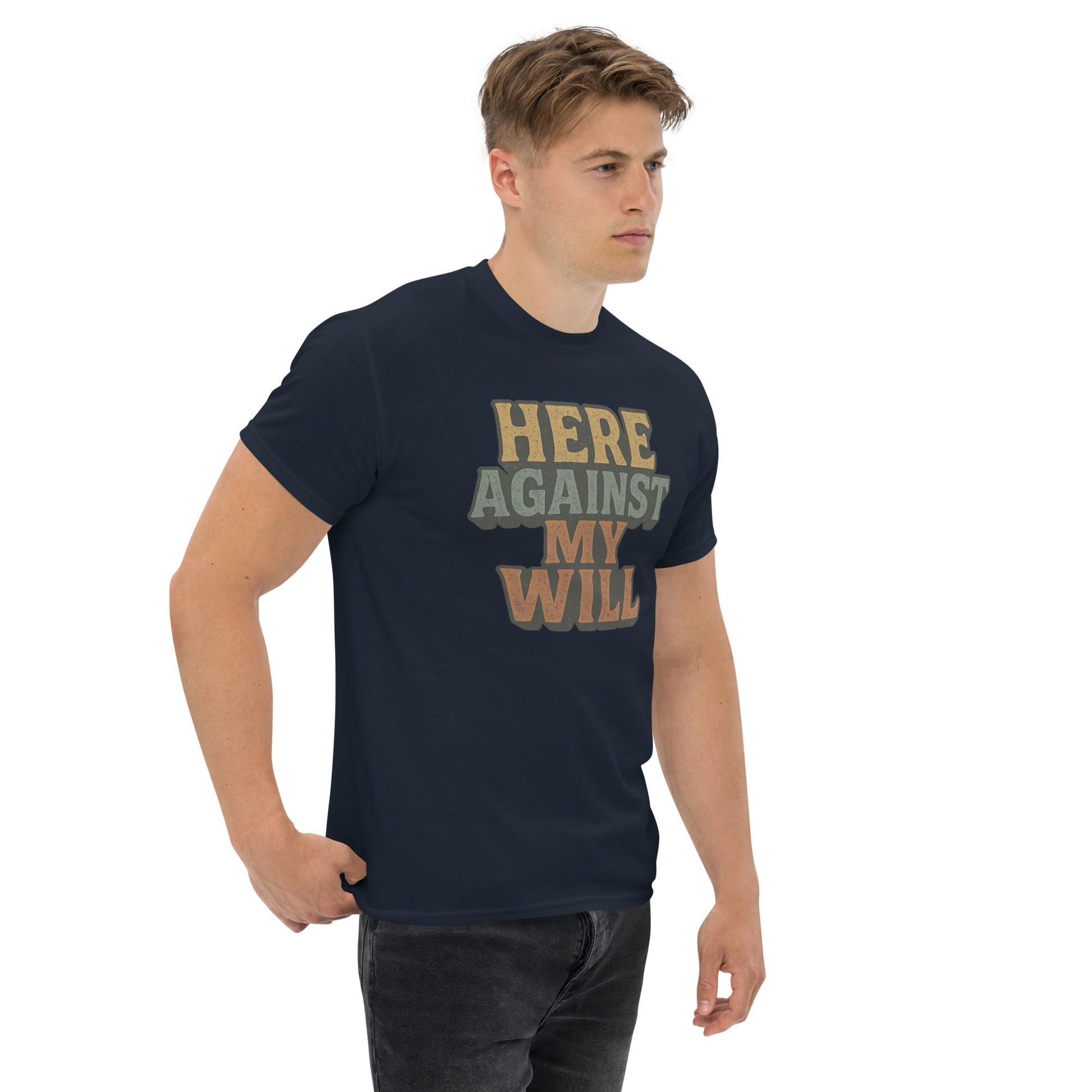 Man wearing a black t-shirt with text on a white background